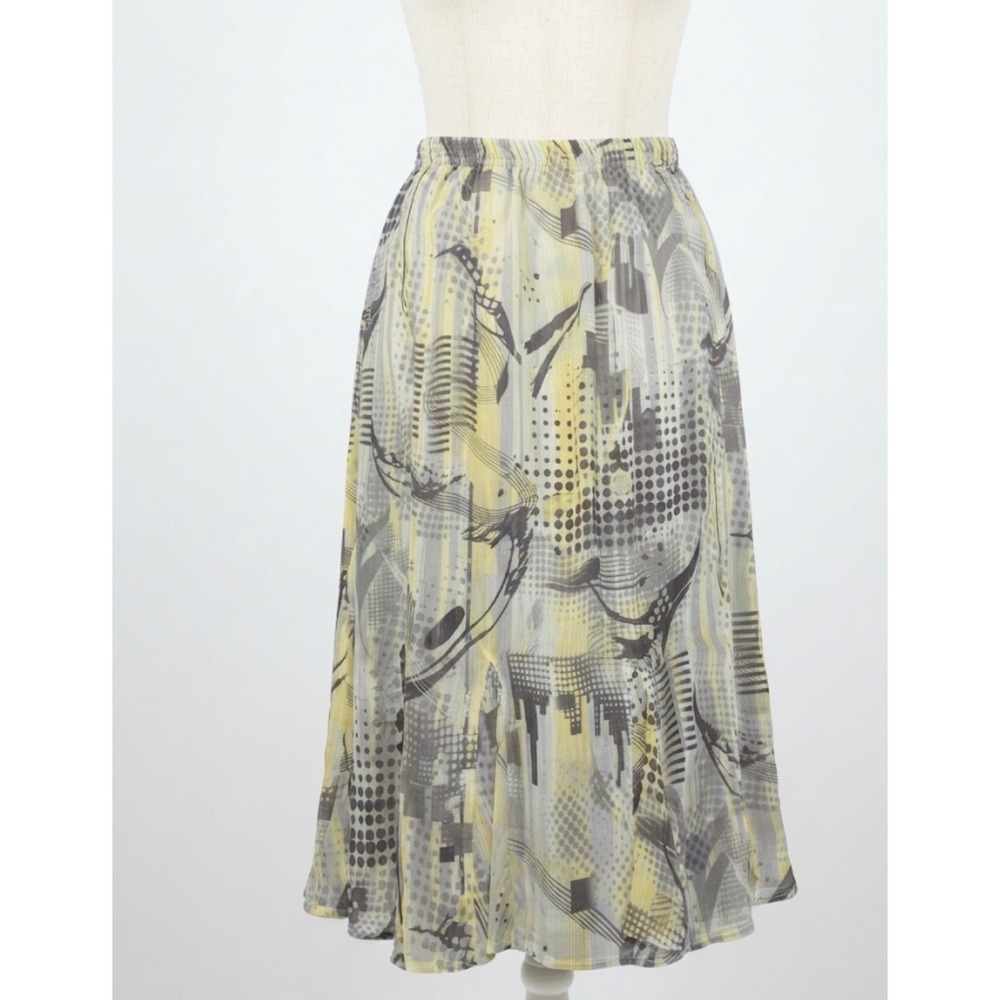 Tanjay Midi Skirt Size 16 Gray Yellow Abstract Geometric Print Elastic Waist